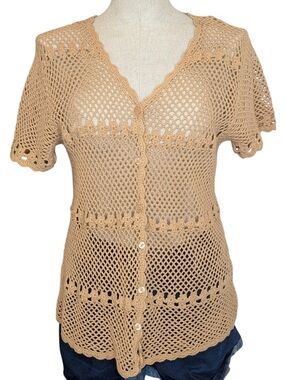 LINDOR Crochet Knit Cardigan Beige Boho Beachy Cotton Open Knit